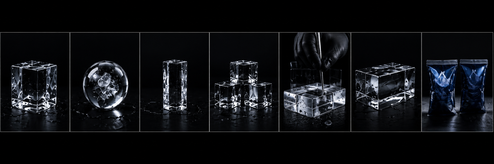 Seven-panel Ice Crest gallery with cubes, sphere, highball, cutting and packaging