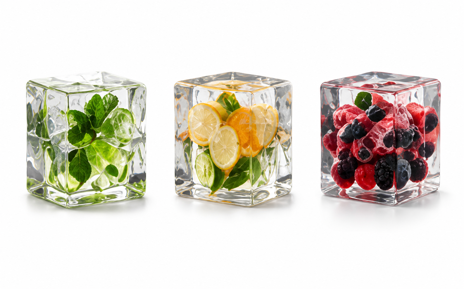 Three square infused ice blocks with mint, citrus and berries