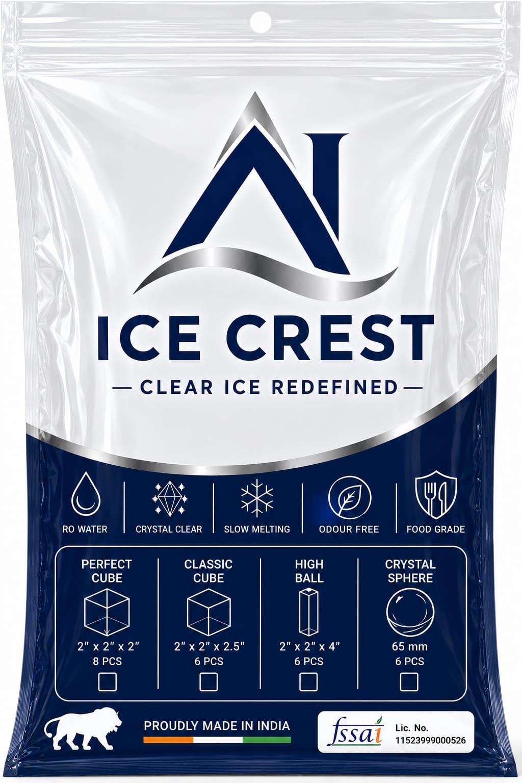 Ice Crest premium ice packaging showing Perfect Cube, Classic Cube, High Ball and Crystal Sphere
